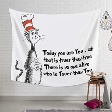 Libaoge Wall Hanging Home Decor Tapestry, Freehand Cute Cat in The Stripe Hat Print Wall Art Fabric for Bedroom Living Room Dorm Decoration, 51" x 59"