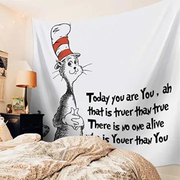 Libaoge Wall Hanging Home Decor Tapestry, Freehand Cute Cat in The Stripe Hat Print Wall Art Fabric for Bedroom Living Room Dorm Decoration, 51" x 59"