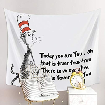 Libaoge Wall Hanging Home Decor Tapestry, Freehand Cute Cat in The Stripe Hat Print Wall Art Fabric for Bedroom Living Room Dorm Decoration, 51" x 59"