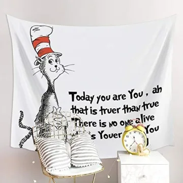 Libaoge Wall Hanging Home Decor Tapestry, Freehand Cute Cat in The Stripe Hat Print Wall Art Fabric for Bedroom Living Room Dorm Decoration, 51" x 59"