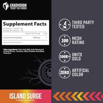 Ekko Creatine Monohydrate Powder, Micronized, Island Surge, Pre Workout & Post Workout Supplement for Men & Women, Energy Support, Easy to Mix in Shakes, Smoothies & Beverages, 100 Servings
