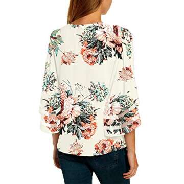 LookbookStore Women's Smmer Loose Vneck Tops Casual Twist Knot Shirt Mesh Panel 3/4 Bell Sleeve Blouse Floral Printed Ivory Size Small
