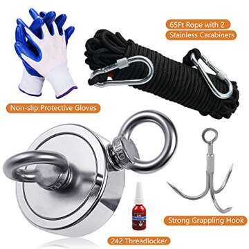Magnet Fishing Kit, Fishing Magnets 760 LBS Pulling-Includes Grappling Hook, Heavy Duty 65FT Rope, Gloves & Locking Carabiner - 2.36inch Diameter