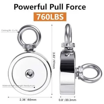 Magnet Fishing Kit, Fishing Magnets 760 LBS Pulling-Includes Grappling Hook, Heavy Duty 65FT Rope, Gloves & Locking Carabiner - 2.36inch Diameter