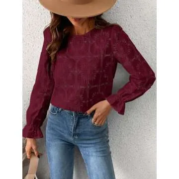 CUPSHE Women Eyelet Long Sleeve Tops Shirts Dressy Hollow Out Crochet Lace Embroidered Blouses