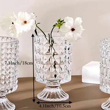 BLOFLO Embossed Glass Vase, 7'' Crystal Glass Vases for Flowers, Pedestal Big Base Glass Bouquet Vase, Hydroponic Glass Transparent Vase for Home Office Wedding Dining Table Party