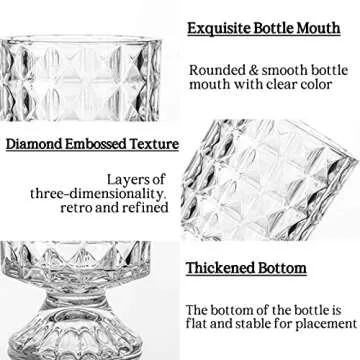 BLOFLO Embossed Glass Vase, 7'' Crystal Glass Vases for Flowers, Pedestal Big Base Glass Bouquet Vase, Hydroponic Glass Transparent Vase for Home Office Wedding Dining Table Party