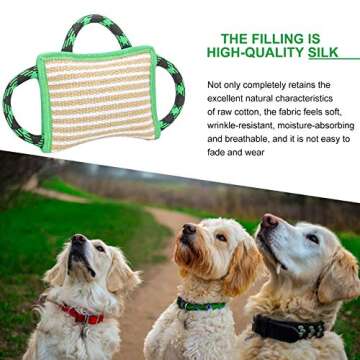 Dog Training Bite Pillow Linen Green Tug Toy with 3 Handles, Tough Tug Toy for Medium to Large Dogs Interactive Playing, Ideal for Tug of War, K9, IPO, Puppy Training (11 Inch × 7.8 Inch)