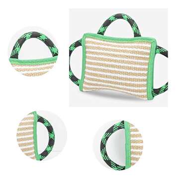 Dog Training Bite Pillow Linen Green Tug Toy with 3 Handles, Tough Tug Toy for Medium to Large Dogs Interactive Playing, Ideal for Tug of War, K9, IPO, Puppy Training (11 Inch × 7.8 Inch)