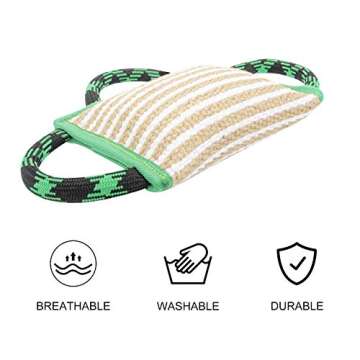 Dog Training Bite Pillow Linen Green Tug Toy with 3 Handles, Tough Tug Toy for Medium to Large Dogs Interactive Playing, Ideal for Tug of War, K9, IPO, Puppy Training (11 Inch × 7.8 Inch)