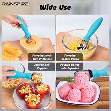 Rainspire Ice Cream Scoop Stainless Steel with Comfortable Handle, Ice Cream Scooper Heavy Duty, Ice Cream Spade Great for Spooning Frozen Hard Gelato and Sorbet, Cookie Dough, Melon, Blue