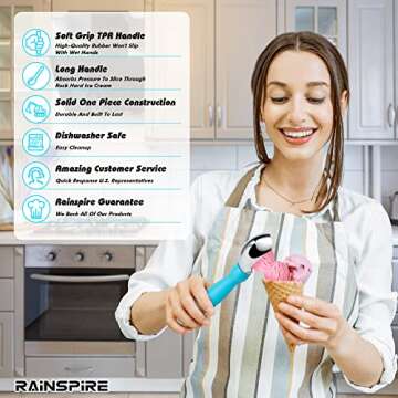 Rainspire Ice Cream Scoop Stainless Steel with Comfortable Handle, Ice Cream Scooper Heavy Duty, Ice Cream Spade Great for Spooning Frozen Hard Gelato and Sorbet, Cookie Dough, Melon, Blue