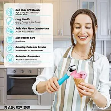 Rainspire Ice Cream Scoop Stainless Steel with Comfortable Handle, Ice Cream Scooper Heavy Duty, Ice Cream Spade Great for Spooning Frozen Hard Gelato and Sorbet, Cookie Dough, Melon, Blue
