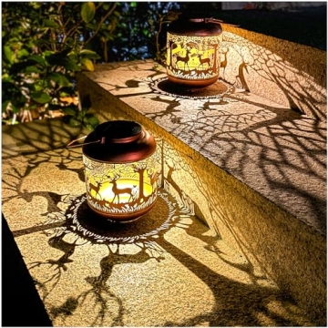 2 Pack Deer Solar Lanterns Outdoor Waterproof Hanging Solar Lights Deer Gifts for Women Men Metal De...