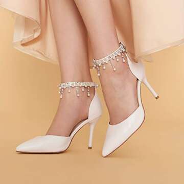 Pointed Toe Pumps High Heel Ankle Strap Dress Shoes Wedding Party Pump with Pearl 3.54”