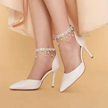 Pointed Toe Pumps High Heel Ankle Strap Dress Shoes Wedding Party Pump with Pearl 3.54”