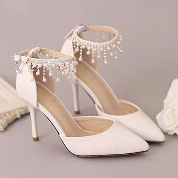 Pointed Toe Pumps High Heel Ankle Strap Dress Shoes Wedding Party Pump with Pearl 3.54”