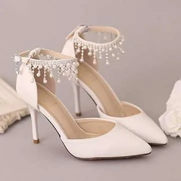 Pointed Toe Pumps High Heel Ankle Strap Dress Shoes Wedding Party Pump with Pearl 3.54”