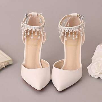 Pointed Toe Pumps High Heel Ankle Strap Dress Shoes Wedding Party Pump with Pearl 3.54”