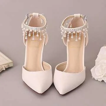 Pointed Toe Pumps High Heel Ankle Strap Dress Shoes Wedding Party Pump with Pearl 3.54”