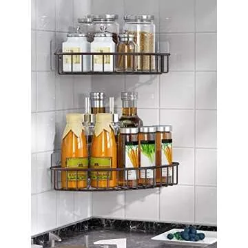 SMARTAKE 2-Pack Corner Shower Caddy, SUS304 Stainless Steel, Wall Mounted Bathroom Shelf with Adhesive, Storage Organizer for Toilet, Dorm and Kitchen (Bronze)