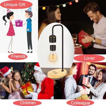 Floatidea Magnetic Levitating Light Bulb Levitation Real Wood Black Floating Desk Lamp LED Night Lights with Luxury Wireless Charging Pad (Apple/Android) for Christmas Gift