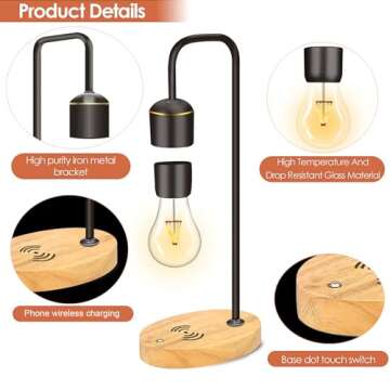 Floatidea Magnetic Levitating Light Bulb Levitation Real Wood Black Floating Desk Lamp LED Night Lights with Luxury Wireless Charging Pad (Apple/Android) for Christmas Gift
