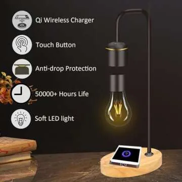 Floatidea Magnetic Levitating Light Bulb Levitation Real Wood Black Floating Desk Lamp LED Night Lights with Luxury Wireless Charging Pad (Apple/Android) for Christmas Gift