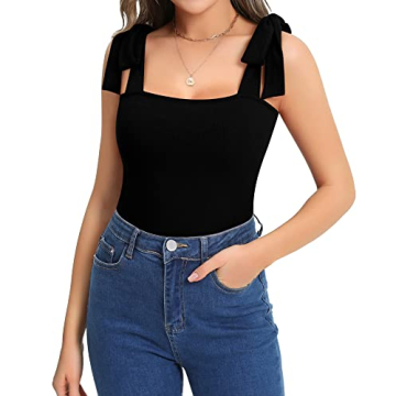 MANGOPOP Stylish Square Neck Tie Shoulders Bodysuit