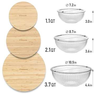 dokaworld Stackable Space-Saving Nesting Set of 3 Glass Bowls with Bamboo Lids for Foodprep, Storage...
