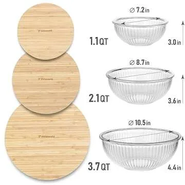 dokaworld Stackable Space-Saving Nesting Set of 3 Glass Bowls with Bamboo Lids for Foodprep, Storage...