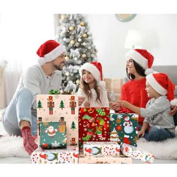 U'COVER Christmas Wrapping Paper Sets - 8 Large Red Green Gift Wrap Sheet Holiday Xmas Gift Wrapping Paper for Kids Boys Girls Women Men Design - Nutcracker, Santa, Gnomes, Snowman, Stocking 27X37inch