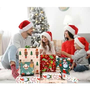 U'COVER Christmas Wrapping Paper Sets - 8 Large Red Green Gift Wrap Sheet Holiday Xmas Gift Wrapping Paper for Kids Boys Girls Women Men Design - Nutcracker, Santa, Gnomes, Snowman, Stocking 27X37inch