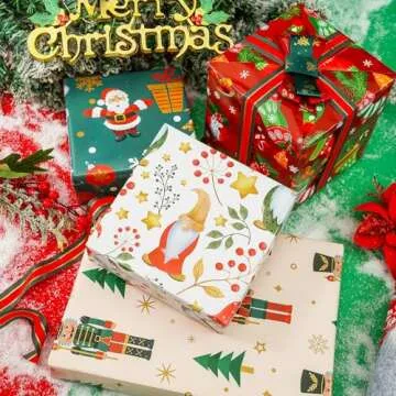 U'COVER Christmas Wrapping Paper Sets - 8 Large Red Green Gift Wrap Sheet Holiday Xmas Gift Wrapping Paper for Kids Boys Girls Women Men Design - Nutcracker, Santa, Gnomes, Snowman, Stocking 27X37inch