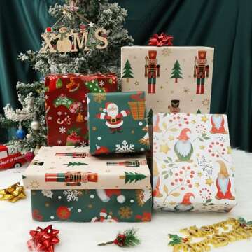 U'COVER Christmas Wrapping Paper Sets - 8 Large Red Green Gift Wrap Sheet Holiday Xmas Gift Wrapping Paper for Kids Boys Girls Women Men Design - Nutcracker, Santa, Gnomes, Snowman, Stocking 27X37inch
