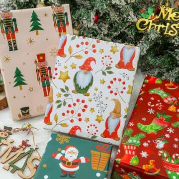 U'COVER Christmas Wrapping Paper Sets - 8 Large Red Green Gift Wrap Sheet Holiday Xmas Gift Wrapping Paper for Kids Boys Girls Women Men Design - Nutcracker, Santa, Gnomes, Snowman, Stocking 27X37inch