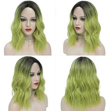 G&T Wig Green Bob Wavy Wigs for Women Lime Green Wig Middle Part Heat Resistant Party Halloween Cosplay Costume Wig(14 inch, ombre green)