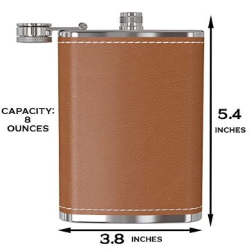 Flask for Liquor and Funnel - 8 Oz Leak Proof 18/8 Stainless Steel Pocket Hip Flask with Brown Leather Cover for Discrete Shot Drinking of Alcohol, Whiskey, Rum and Vodka | Gift for Men
