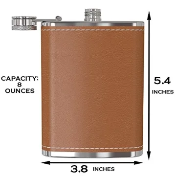 Flask for Liquor and Funnel - 8 Oz Leak Proof 18/8 Stainless Steel Pocket Hip Flask with Brown Leather Cover for Discrete Shot Drinking of Alcohol, Whiskey, Rum and Vodka | Gift for Men