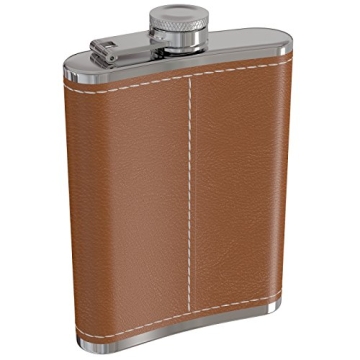 Flask for Liquor and Funnel - 8 Oz Leak Proof 18/8 Stainless Steel Pocket Hip Flask with Brown Leather Cover for Discrete Shot Drinking of Alcohol, Whiskey, Rum and Vodka | Gift for Men