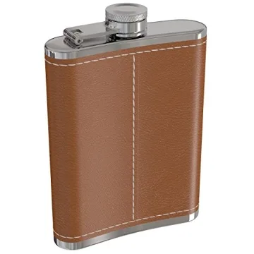 Flask for Liquor and Funnel - 8 Oz Leak Proof 18/8 Stainless Steel Pocket Hip Flask with Brown Leather Cover for Discrete Shot Drinking of Alcohol, Whiskey, Rum and Vodka | Gift for Men