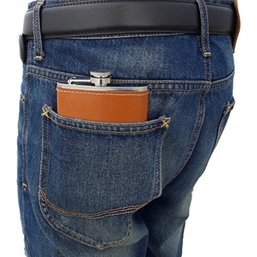 Flask for Liquor and Funnel - 8 Oz Leak Proof 18/8 Stainless Steel Pocket Hip Flask with Brown Leather Cover for Discrete Shot Drinking of Alcohol, Whiskey, Rum and Vodka | Gift for Men