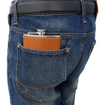 Flask for Liquor and Funnel - 8 Oz Leak Proof 18/8 Stainless Steel Pocket Hip Flask with Brown Leather Cover for Discrete Shot Drinking of Alcohol, Whiskey, Rum and Vodka | Gift for Men