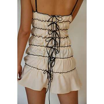 Y2K Women Sexy Strapless Tube Mini Dress Lace Patchwork Bandeau Bodycon Short Going Out Dresses Streetwear (Ruffle Tunnel Dress Beige, M)