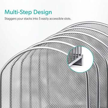 Mindspace Desk Organizer Inclined File Sorter, Office Desktop Document sorter with 5 upright sections | File Folder and Letter Organizer | The Mesh Collection, Silver