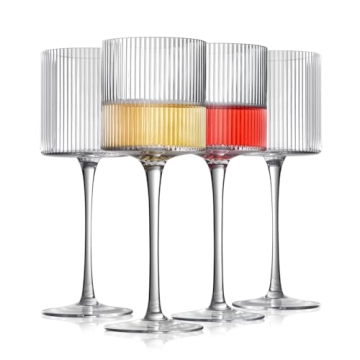 Square Wine Glasses Set of 4, Elegant Ribbed Design 12.5oz, Hand Blown Premium Wine Glass, Unique Mo...