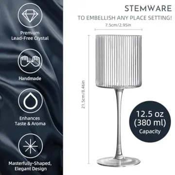 Square Wine Glasses Set of 4 - Elegant Ribbed Design