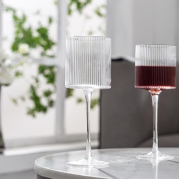 Square Wine Glasses Set of 4 - Elegant Ribbed Design