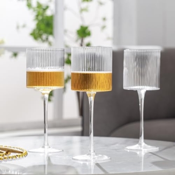 Square Wine Glasses Set of 4 - Elegant Ribbed Design