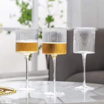 Square Wine Glasses Set of 4 - Elegant Ribbed Design